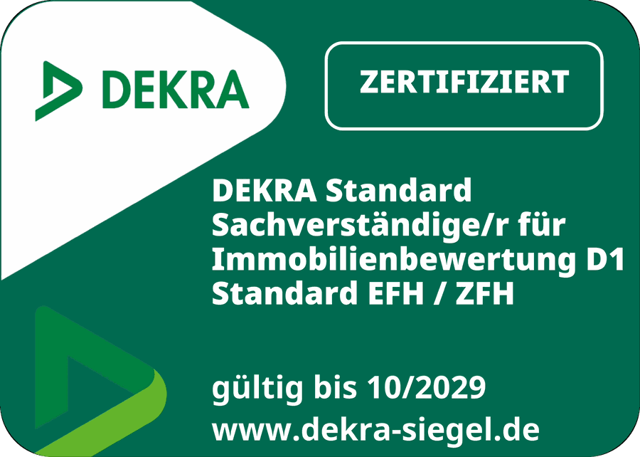 DEKRA zertifiziert – DEKRA Standard Sachverständige/r für Immobilienbewertung D1, Standard EFH / ZFH, gültig bis 10/2029, www.dekra-siegel.de